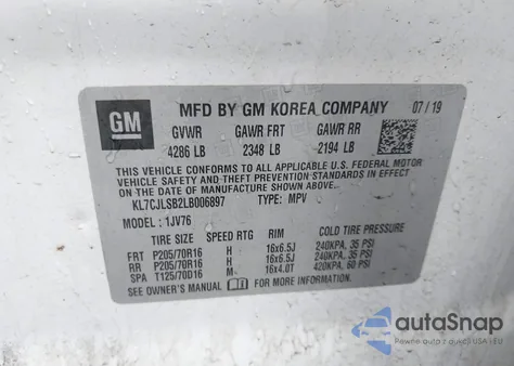 2020 Chevrolet Trax Fwd Lt from USA, damaged, VIN KL7CJLSB2LB006897